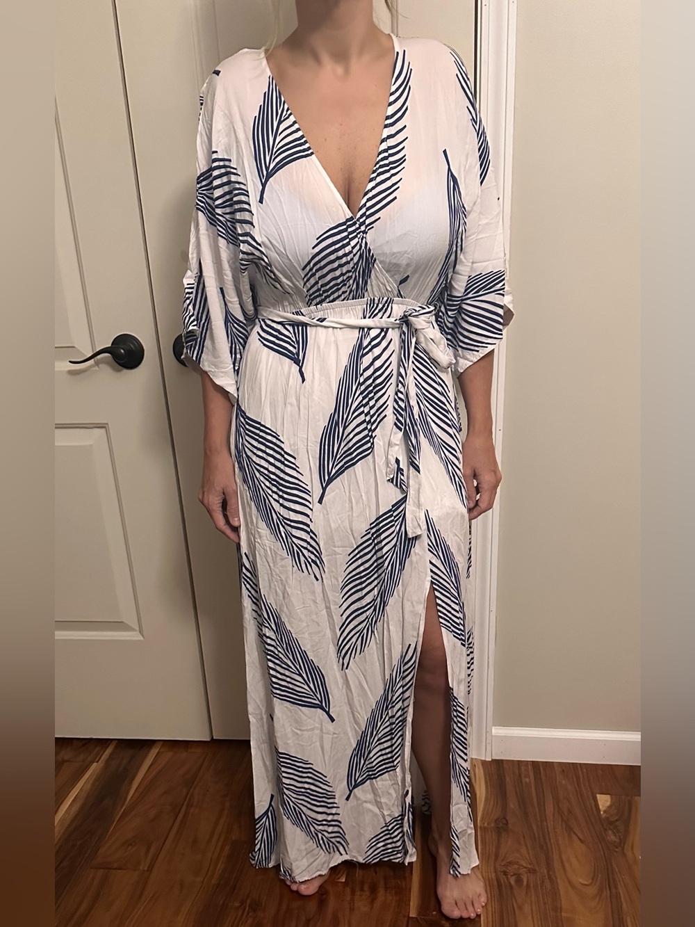 Lulus White Maxi Wrap Dress with Navy Leaf Print